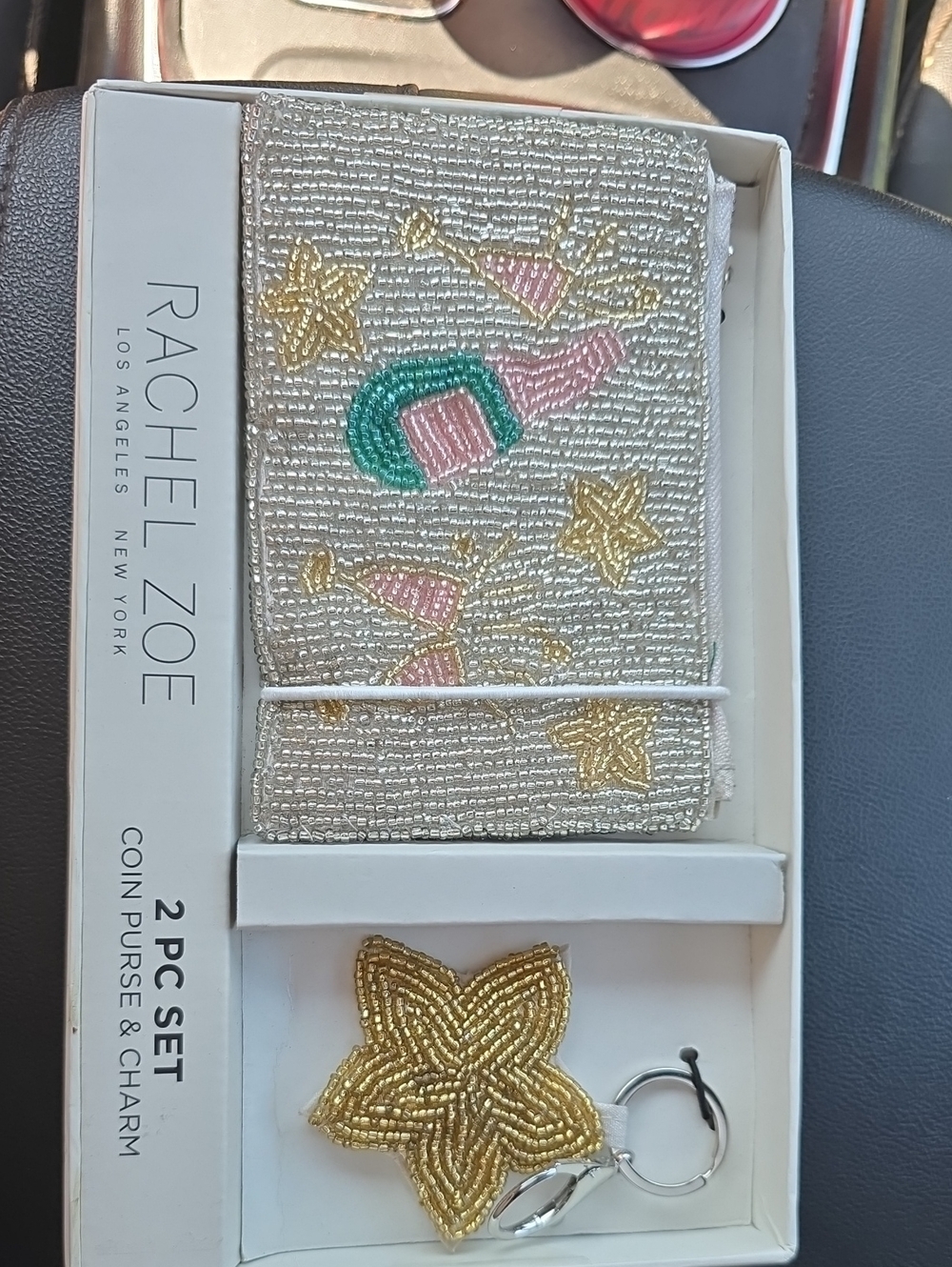 Rachel Zoe Beaded Coin Purse & Star Charm in Gold, Pink & Green